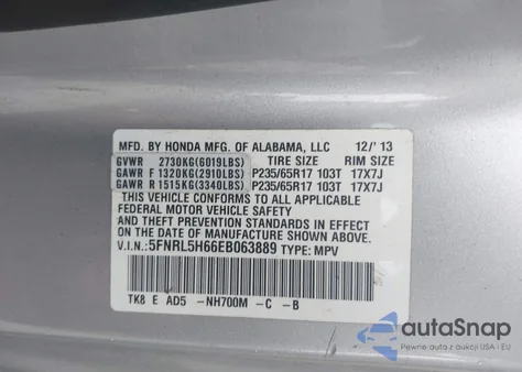 2014 Honda Odyssey Ex-L из США, поврежденный, VIN 5FNRL5H66EB063889